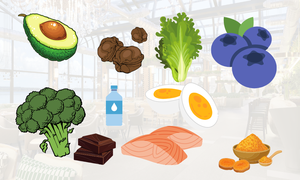 Avocat
Noix
Myrtilles
Oeuf
Saumon
Salade
Curcuma (épice)
Brocolis
Chocolat noir (le plus noir possible)
Eau