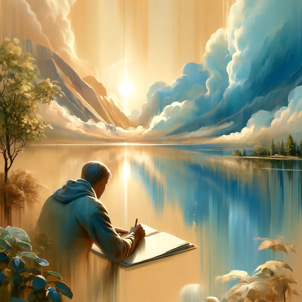Un homme qui écrit sa vision face à un paysage paradisiaque. 