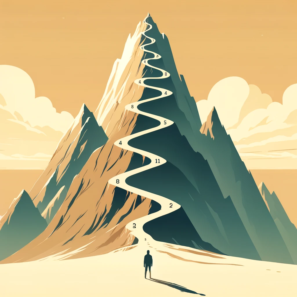 Un homme petit face à une grande montagne qui représente les petits objectifs face à son rêve.