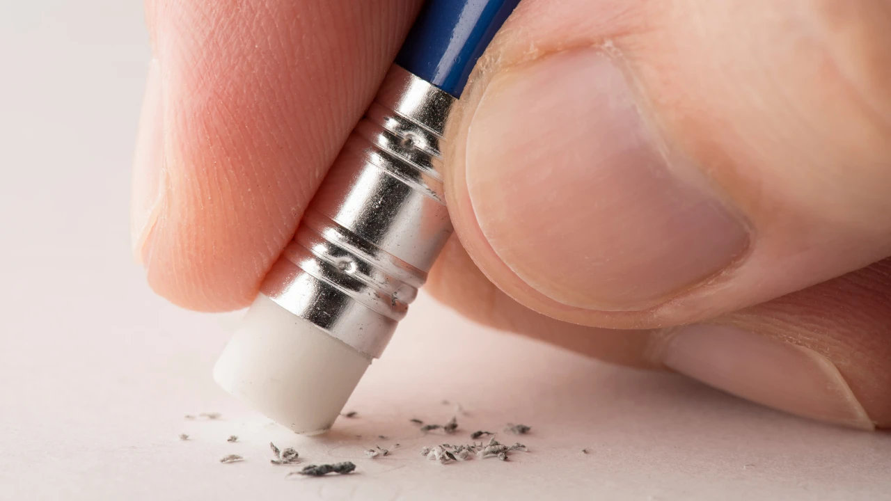 Crayon de bois coté gomme qui efface sur une feuille. Cela représente les erreurs à éviter pour réaliser des phrases motivantes