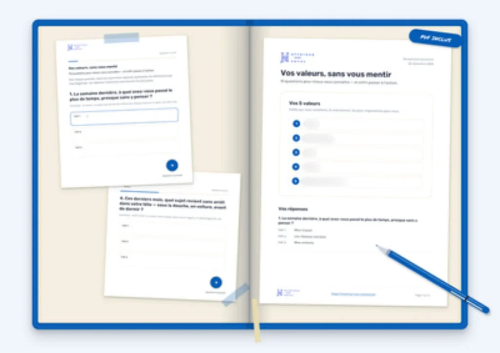 Aperçu du bonus Vos valeurs, sans vous mentir : les fiches de questions et le récapitulatif PDF de vos 5 valeurs